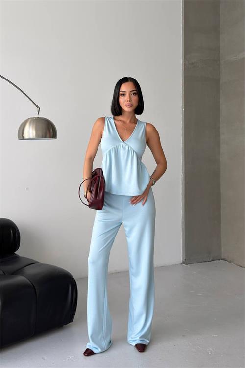 Neşeli butik kadın bebe mavi modal kumaş volanlı atlet geniş paça pantolon yazlık ikili takım NBG132 