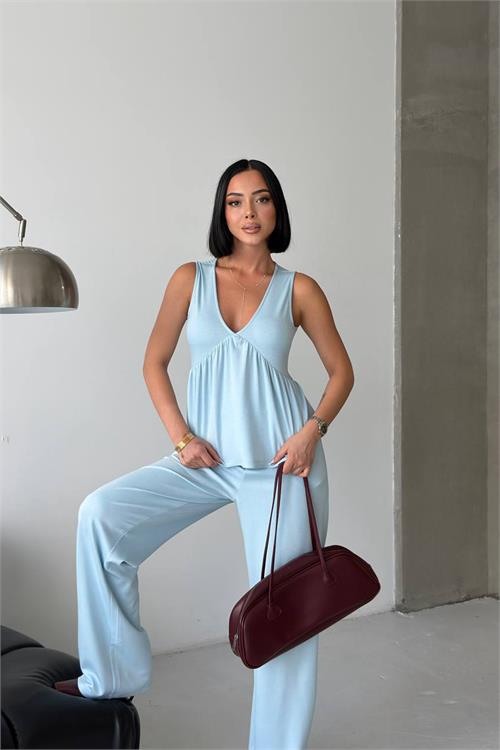 Neşeli butik kadın bebe mavi modal kumaş volanlı atlet geniş paça pantolon yazlık ikili takım NBG132 