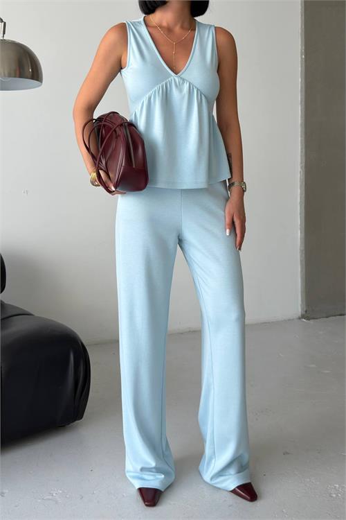 Neşeli butik kadın bebe mavi modal kumaş volanlı atlet geniş paça pantolon yazlık ikili takım NBG132 