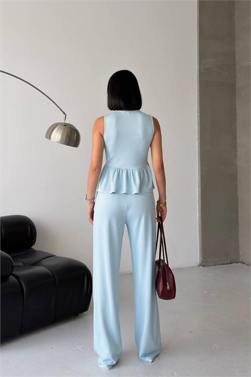 Neşeli butik kadın bebe mavi modal kumaş volanlı atlet geniş paça pantolon yazlık ikili takım NBG132 