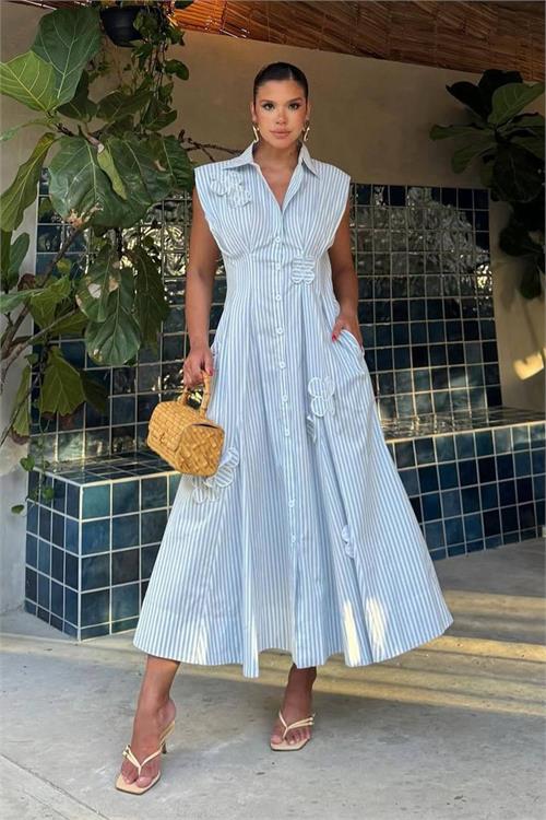 Neşeli butik kadın mavi poplin kumaş kol vatkalı çiçek işleme detaylı tasarım elbise ---- NBEMP2750 
