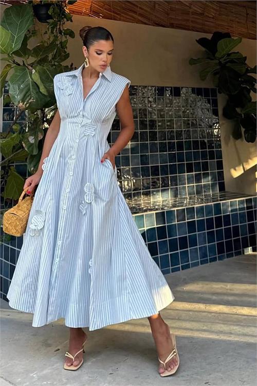 Neşeli butik kadın mavi poplin kumaş kol vatkalı çiçek işleme detaylı tasarım elbise ---- NBEMP2750 