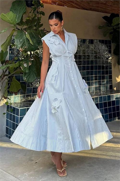 Neşeli butik kadın mavi poplin kumaş kol vatkalı çiçek işleme detaylı tasarım elbise ---- NBEMP2750 