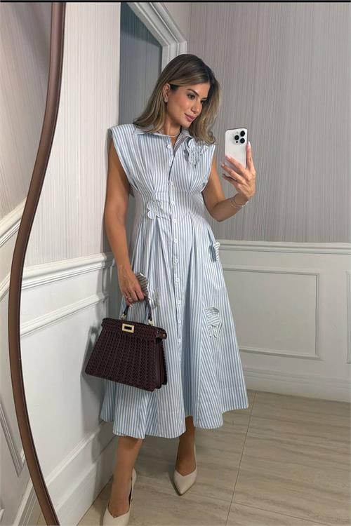 Neşeli butik kadın mavi poplin kumaş kol vatkalı çiçek işleme detaylı tasarım elbise ---- NBEMP2750 
