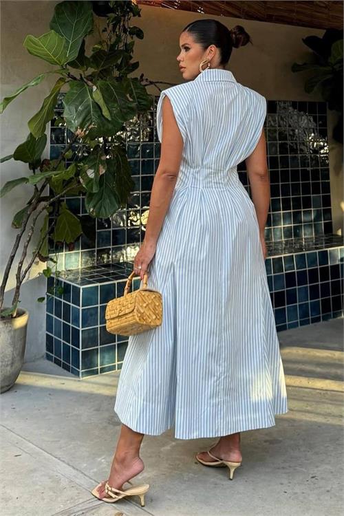 Neşeli butik kadın mavi poplin kumaş kol vatkalı çiçek işleme detaylı tasarım elbise ---- NBEMP2750 