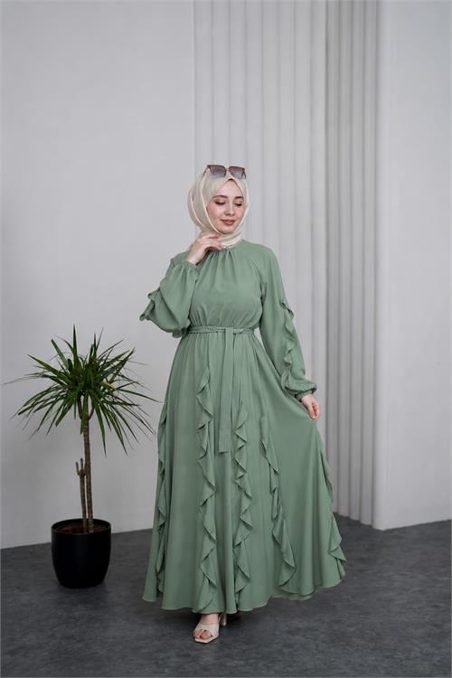 Neşeli butik kadın mint yeşili fırfırlı kuşak detaylı yazlık premium tesettür elbise --- NBVQ3150 