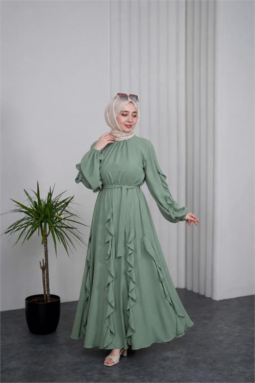 Neşeli butik kadın mint yeşili fırfırlı kuşak detaylı yazlık premium tesettür elbise --- NBVQ3150 
