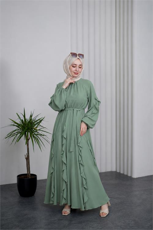 Neşeli butik kadın mint yeşili fırfırlı kuşak detaylı yazlık premium tesettür elbise --- NBVQ3150 