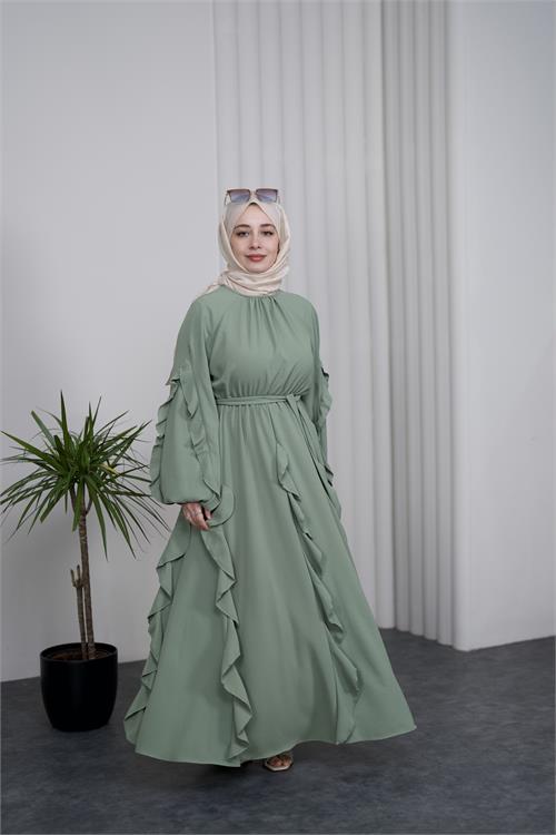 Neşeli butik kadın mint yeşili fırfırlı kuşak detaylı yazlık premium tesettür elbise --- NBVQ3150 