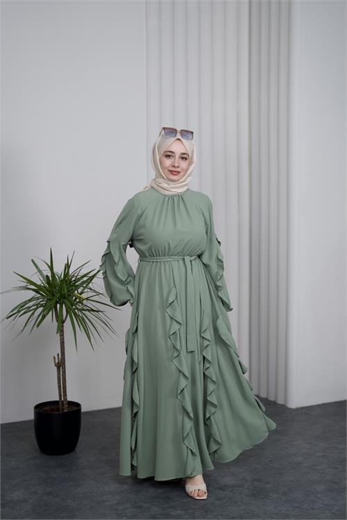 Neşeli butik kadın mint yeşili fırfırlı kuşak detaylı yazlık premium tesettür elbise --- NBVQ3150 