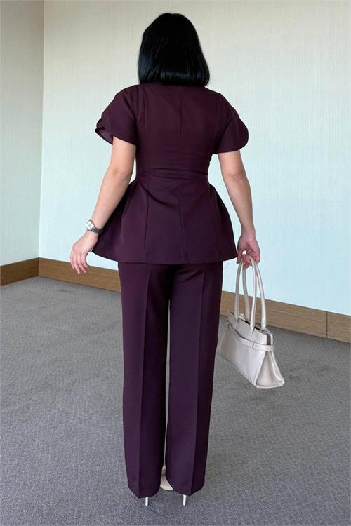Neşeli butik kadın mürdüm gold düğme detaylı peplum kesim premium takım NBSTR4423 