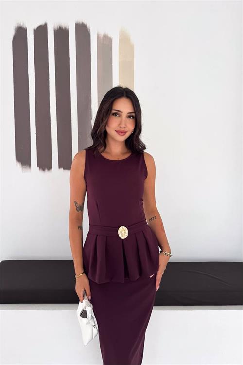 Neşeli butik kadın mürdüm kolsuz peplum kesim midi boy kemer tokalı elbise NBK4640 