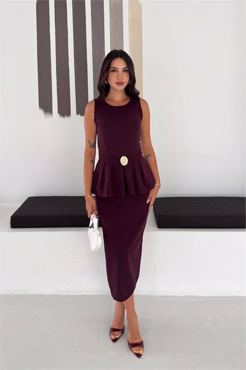 Neşeli butik kadın mürdüm kolsuz peplum kesim midi boy kemer tokalı elbise NBK4640 