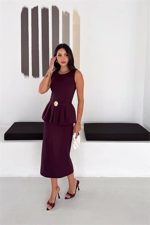 Neşeli butik kadın mürdüm kolsuz peplum kesim midi boy kemer tokalı elbise NBK4640 
