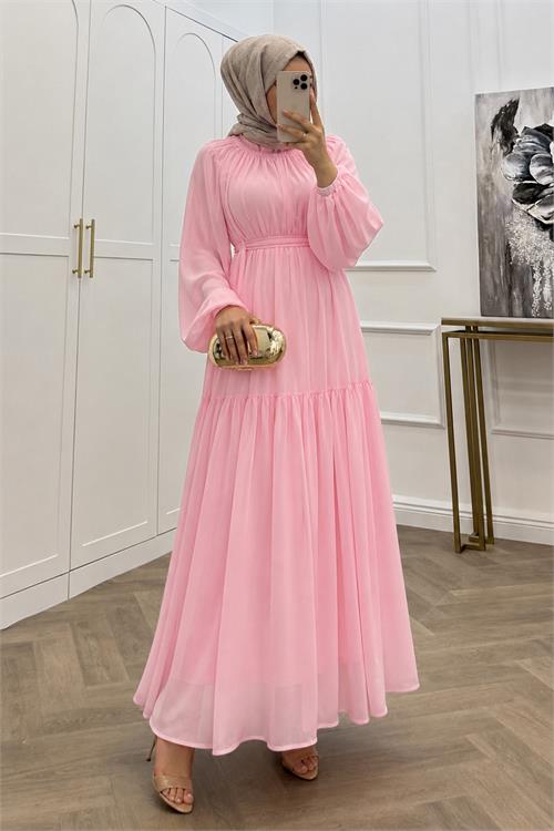 Neşeli butik kadın pembe balon kol astarlı kuşak detaylı şifon tesettür elbise ---- NMS095 
