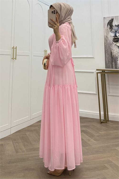 Neşeli butik kadın pembe balon kol astarlı kuşak detaylı şifon tesettür elbise ---- NMS095 