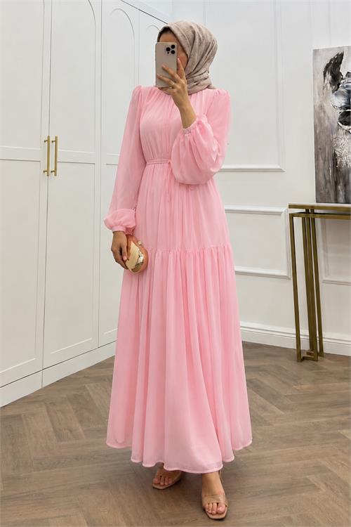 Neşeli butik kadın pembe balon kol astarlı kuşak detaylı şifon tesettür elbise ---- NMS095 