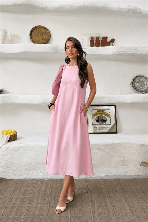 Neşeli butik kadın pembe cep detaylı kolsuz oversize yazlık elbise NBNP038 