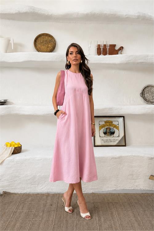 Neşeli butik kadın pembe cep detaylı kolsuz oversize yazlık elbise NBNP038 