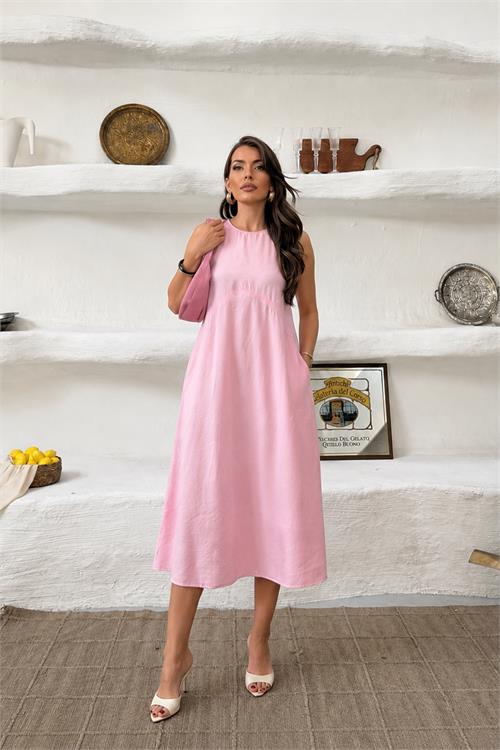 Neşeli butik kadın pembe cep detaylı kolsuz oversize yazlık elbise NBNP038 