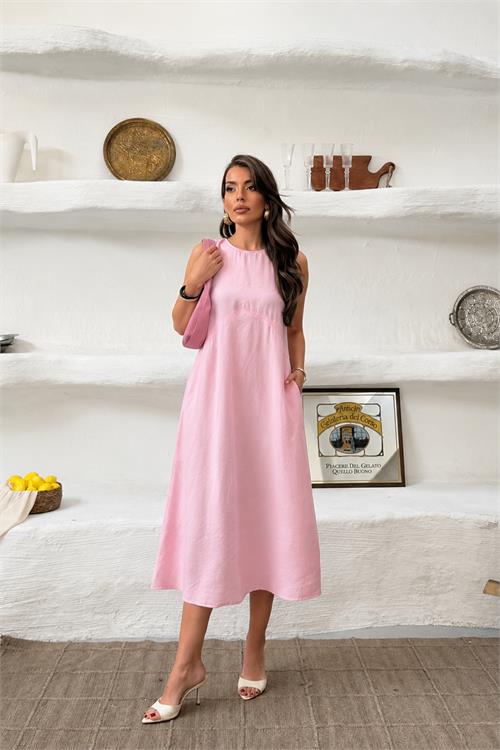 Neşeli butik kadın pembe cep detaylı kolsuz oversize yazlık elbise NBNP038 