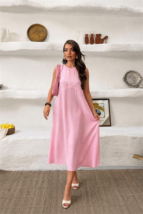 Neşeli butik kadın pembe cep detaylı kolsuz oversize yazlık elbise NBNP038 