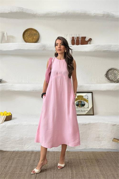 Neşeli butik kadın pembe cep detaylı kolsuz oversize yazlık elbise NBNP038 
