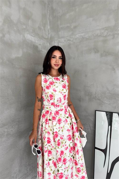 Neşeli butik kadın pembe çiçek desenli kolsuz midi boy kloş kemerli elbise NBK4645 