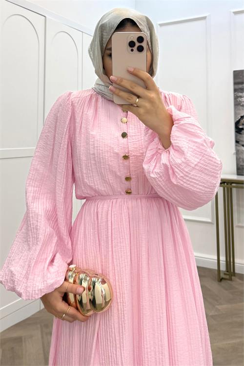 Neşeli butik kadın pembe eteği fırfırlı düğme detaylı pamuklu salaş tesettür elbise NMS086 