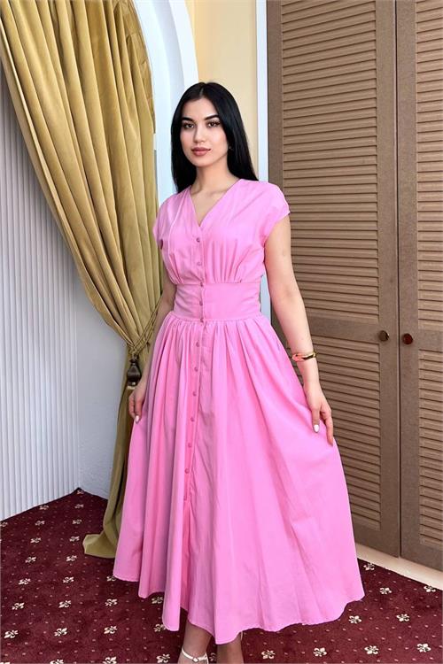 Neşeli butik kadın pembe feminen kesim bel detaylı düğmeli midi boy elbise NBMY3924 