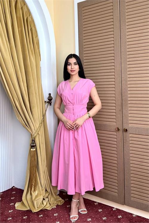 Neşeli butik kadın pembe feminen kesim bel detaylı düğmeli midi boy elbise NBMY3924 