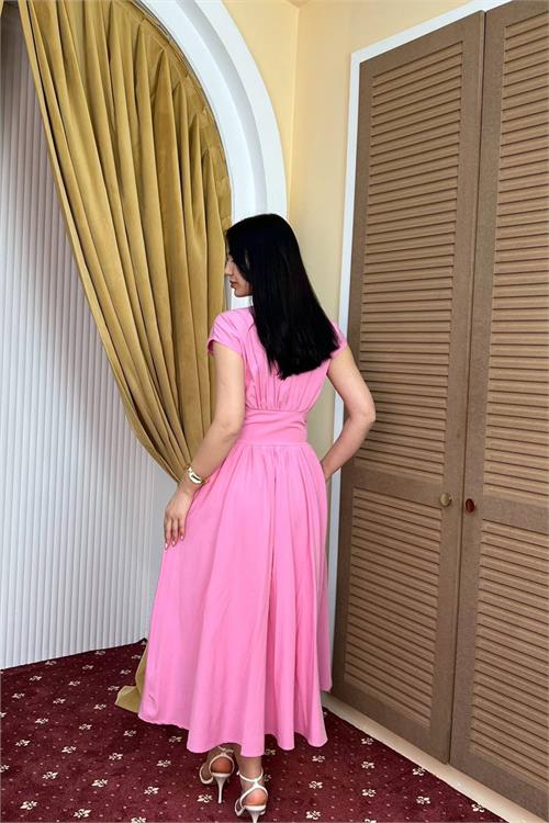 Neşeli butik kadın pembe feminen kesim bel detaylı düğmeli midi boy elbise NBMY3924 