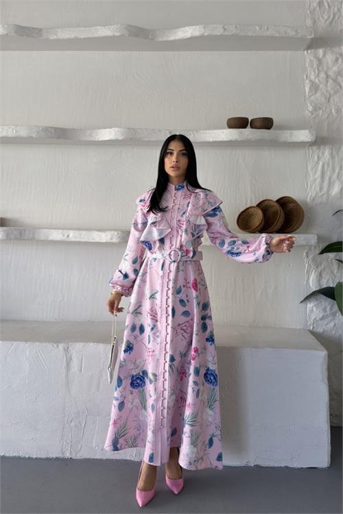 Neşeli butik kadın pembe fırfır detaylı çiçek desenli atlas kumaş düğmeli tasarım elbise NBMS26102 