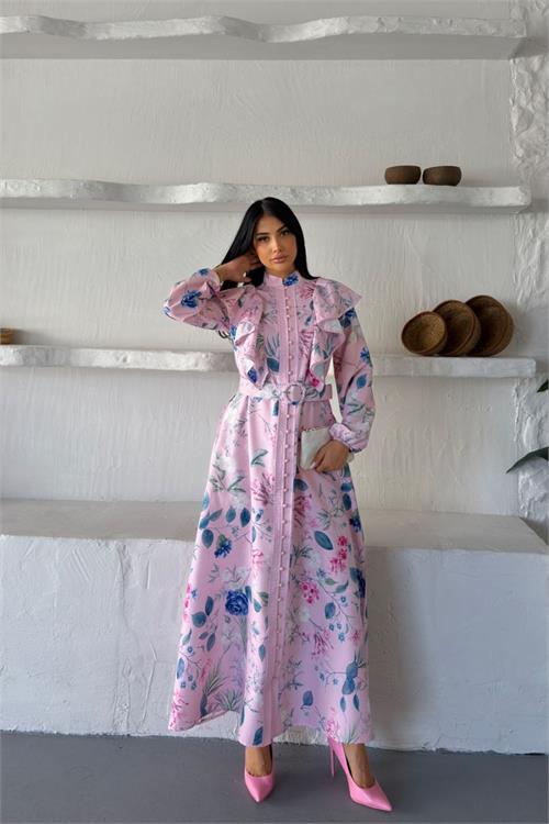 Neşeli butik kadın pembe fırfır detaylı çiçek desenli atlas kumaş düğmeli tasarım elbise NBMS26102 