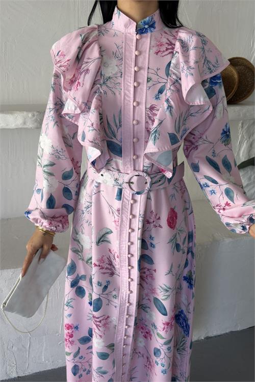 Neşeli butik kadın pembe fırfır detaylı çiçek desenli atlas kumaş düğmeli tasarım elbise NBMS26102 