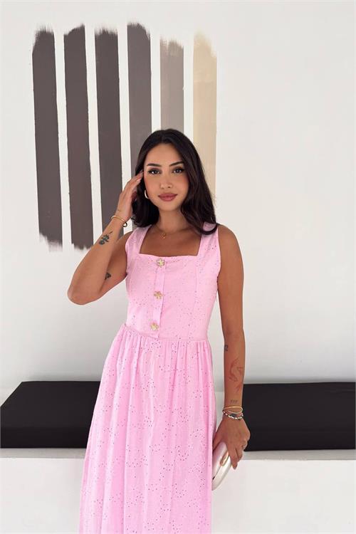 Neşeli butik kadın pembe fisto işlemeli düğme detaylı midi boy kare yaka elbise NBK4644 