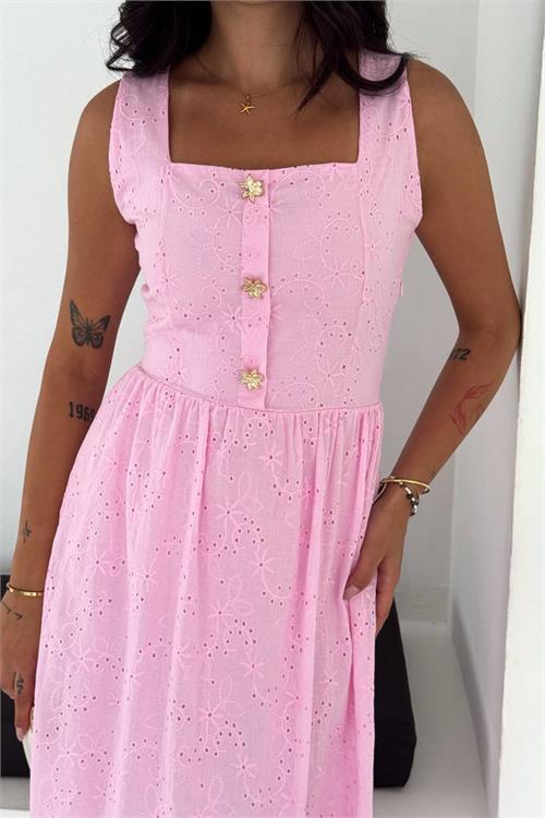 Neşeli butik kadın pembe fisto işlemeli düğme detaylı midi boy kare yaka elbise NBK4644 