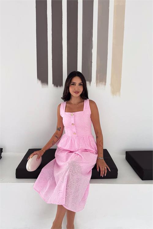 Neşeli butik kadın pembe fisto işlemeli düğme detaylı midi boy kare yaka elbise NBK4644 