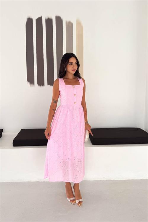 Neşeli butik kadın pembe fisto işlemeli düğme detaylı midi boy kare yaka elbise NBK4644 