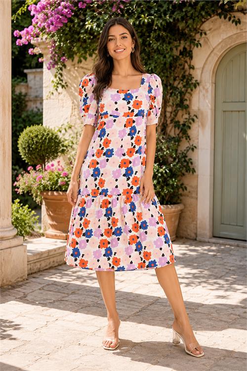 Neşeli butik kadın pembe midi boy çiçek desenli kare yaka yazlık viskon elbise NBELB12 