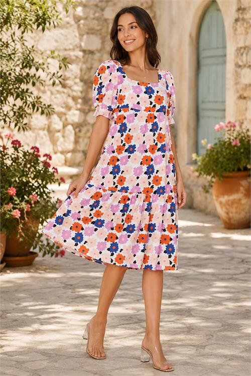 Neşeli butik kadın pembe midi boy çiçek desenli kare yaka yazlık viskon elbise NBELB12 