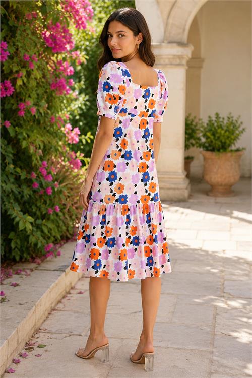 Neşeli butik kadın pembe midi boy çiçek desenli kare yaka yazlık viskon elbise NBELB12 