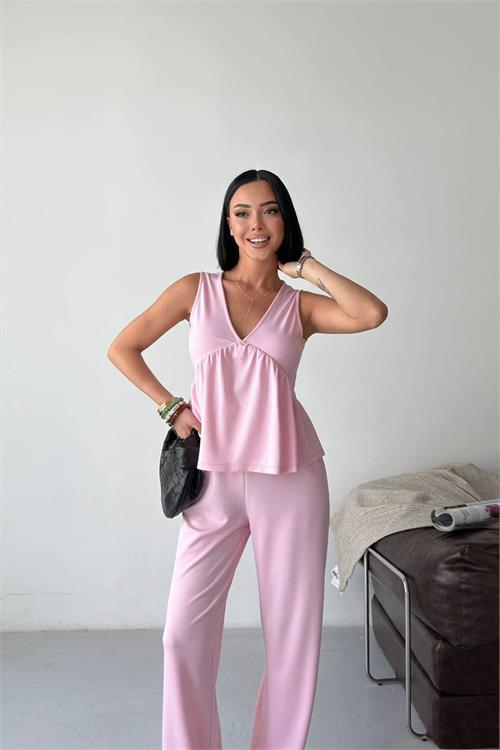 Neşeli butik kadın pembe modal kumaş volanlı atlet geniş paça pantolon yazlık ikili takım NBG132 
