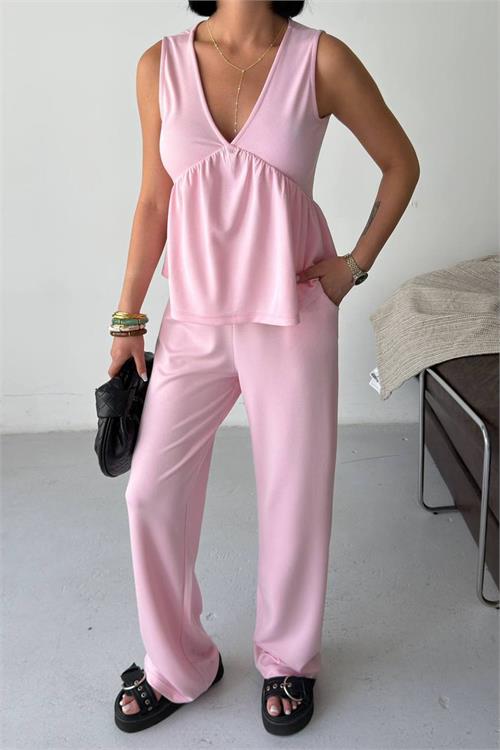 Neşeli butik kadın pembe modal kumaş volanlı atlet geniş paça pantolon yazlık ikili takım NBG132 
