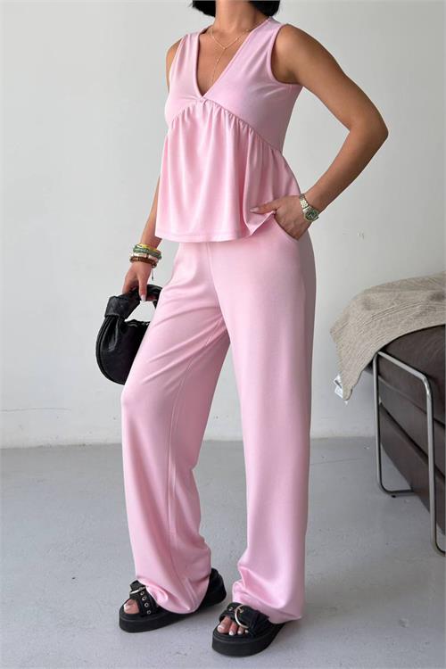 Neşeli butik kadın pembe modal kumaş volanlı atlet geniş paça pantolon yazlık ikili takım NBG132 