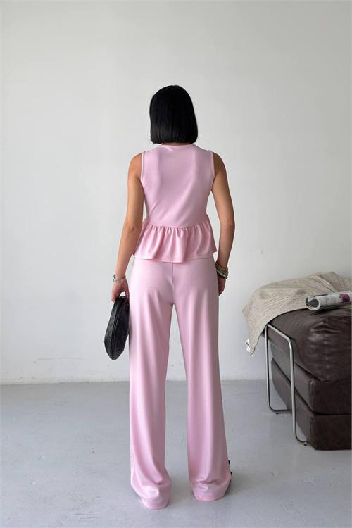 Neşeli butik kadın pembe modal kumaş volanlı atlet geniş paça pantolon yazlık ikili takım NBG132 