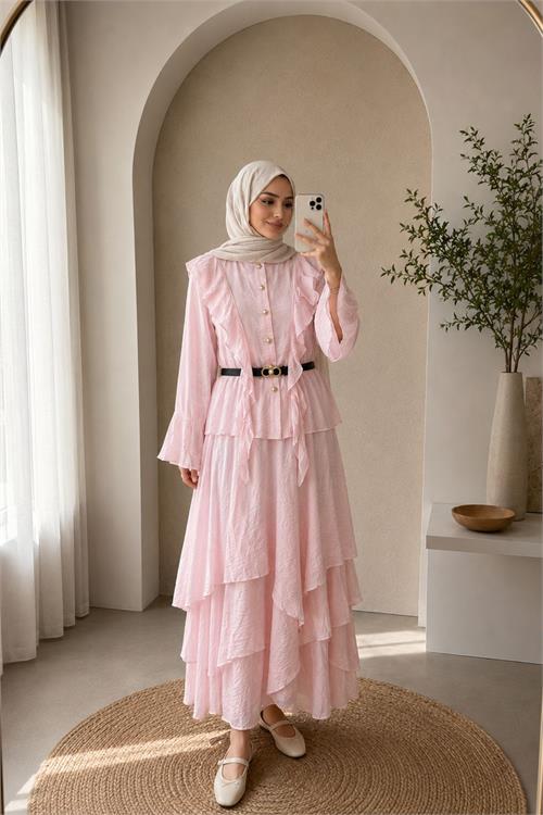 Neşeli butik kadın pudra fırfır detaylı üst kat kat volanlı etek ikili tesettür takım ---NBVQ3159 