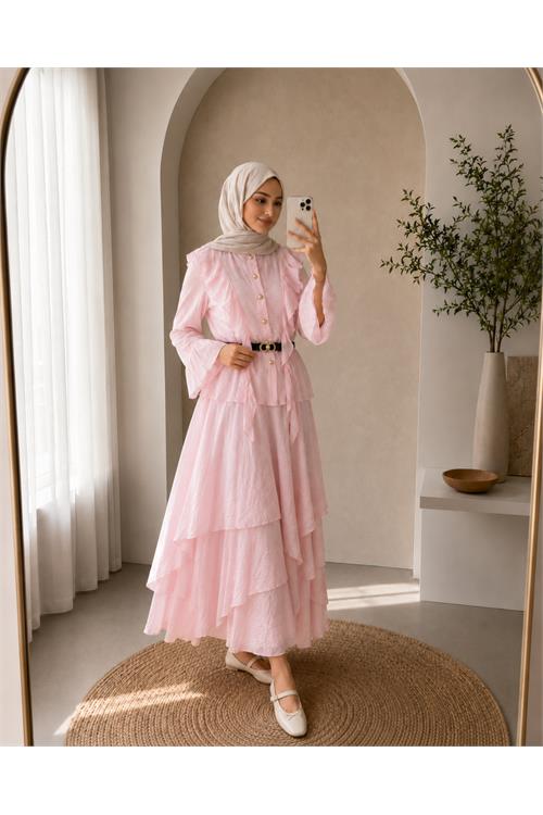 Neşeli butik kadın pudra fırfır detaylı üst kat kat volanlı etek ikili tesettür takım ---NBVQ3159 
