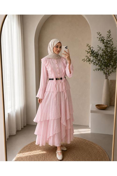 Neşeli butik kadın pudra fırfır detaylı üst kat kat volanlı etek ikili tesettür takım ---NBVQ3159 
