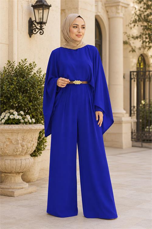 Neşeli butik kadın saks gold kemer detaylı çıkarılabilir pelerinli krep kumaş tesettür tulum NBTLM001 